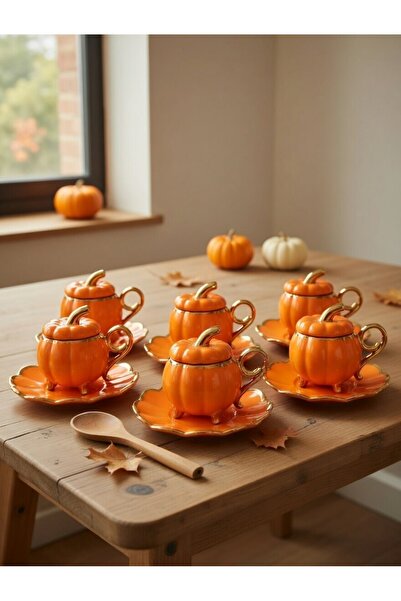 Muhtelif 6’lı Pumpkin Balkabağı Desenli Fincan Takımı - Kapaklı ve Ayaklı Model