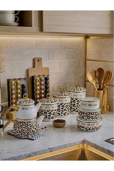 ACAR Qualita Nova Enamel Leopard Patterned Teapot & 3-Piece Storage Container...