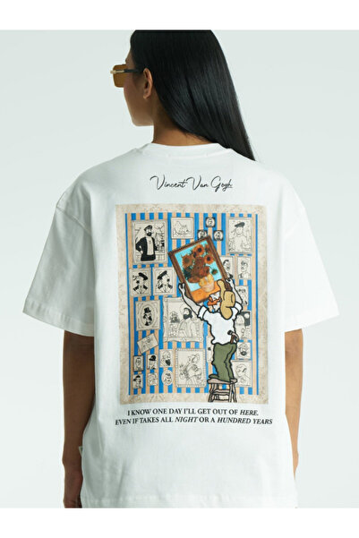 Chirkef Unisex White Oversize 100% Cotton Back and Front Printed Crew Neck St...