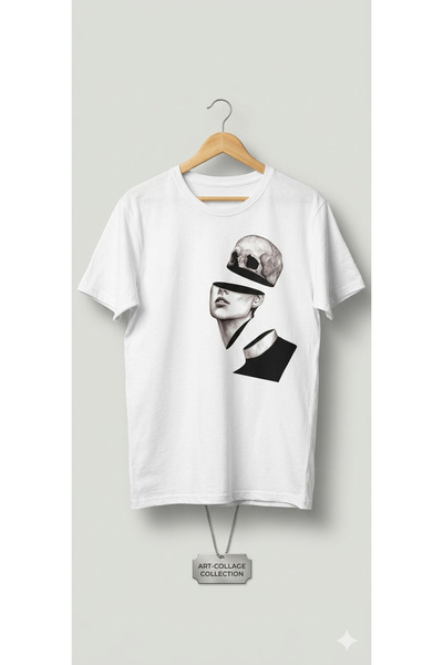 Sürrealist Baskılı Oversize Beyaz Unisex T-shirt