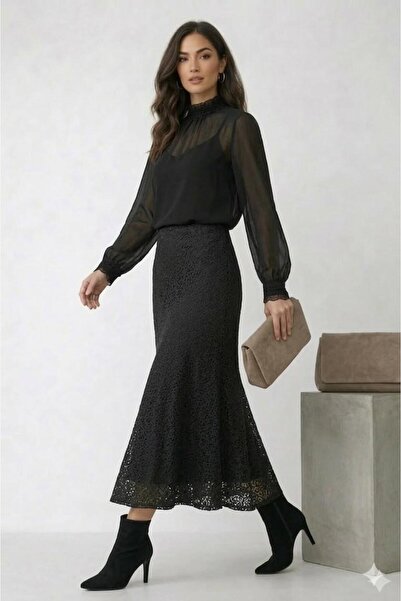 onlymoon Black Lace Fish Skirt Women's Midi Length Stylish Hijab Elegant Cut ...