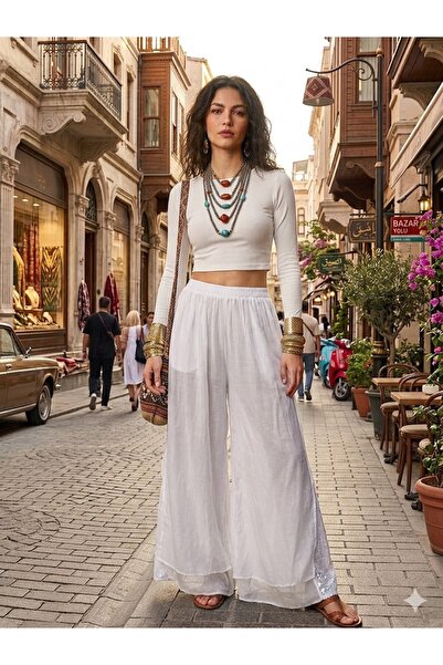 AYASOFYA OTANTIK Γυναικείο ιταλικό λευκό παντελόνι από μετάξι με ελαστική μέσ...