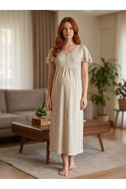 Lohusa Homewear Yeni Sezon Bej Hamile Lohusa Zarif Dantel İşlemeli Kısa Kollu...