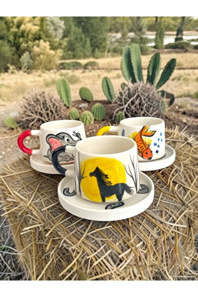 Artistic Quality Decorative Animal Figured Tea and Coffee Cup Set - 3 Cups