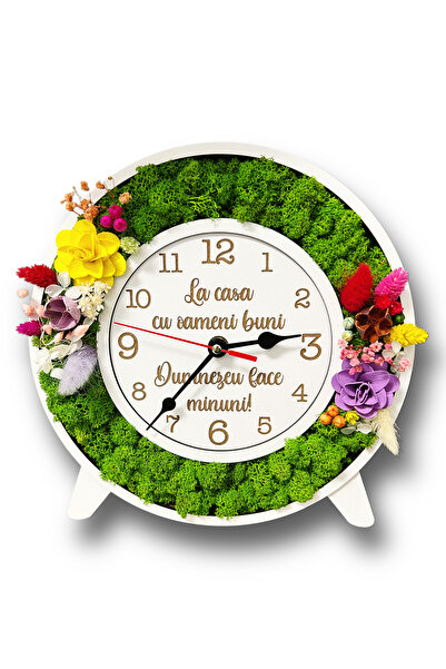 Alex Laser Design Ceas handmade cu licheni și flori uscate, lemn alb 25 cm, c...