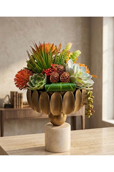 Fleurs Chic Home Mermer Ayaklı Sukulent Aranjman