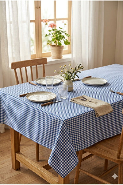 MKAtölyem Blue Tablecloth with Polka Dots Cotton Tablecloth Tableware & Picni...