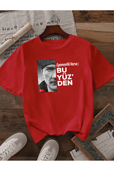 SUNFREE تي شيرت ATATURK BU YÜZDEN مطبوع برقبة دائرية وأكمام قصيرة للجنسين