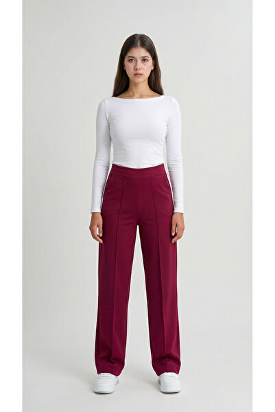 MODASPARK Burgundy High Waist Women's Palazzo Trousers with Pockets