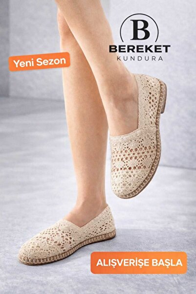 Bereket Kundura 7912 Model Women's Daily Beige Lace Espadrille Ballerina Shoes