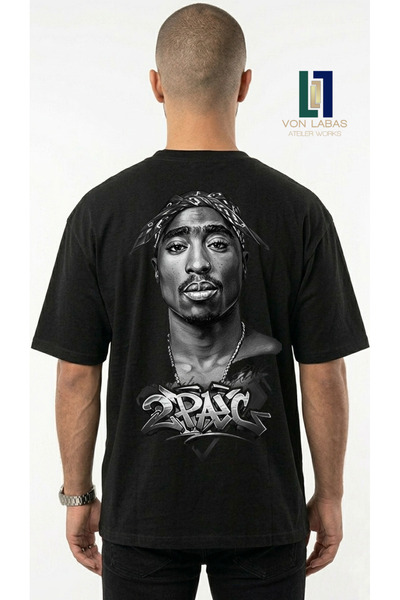 Grafftee Clothing Tricou negru supradimensionat unisex Tupac Graphic cu impri...