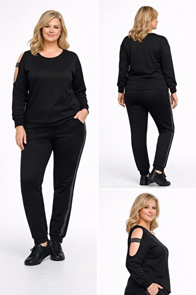 BİrHoşButik Plus Size Full Lycra Sequined Open Shoulder Pocketed Ribbed Tight...