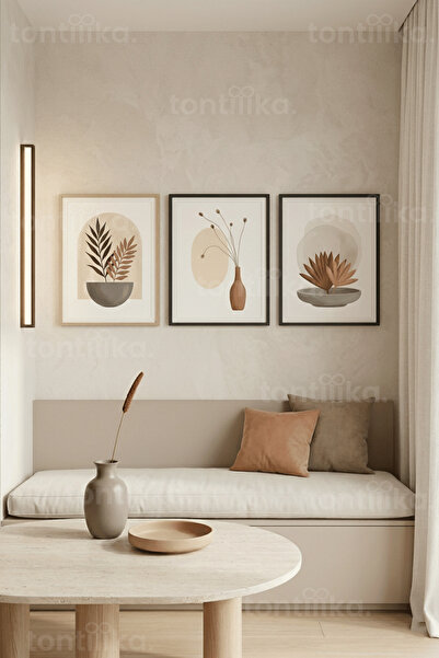 Tontilika Modern Minimalist Doğal Botanik 3’lü Ahşap Çerçeveli Tablo Seti