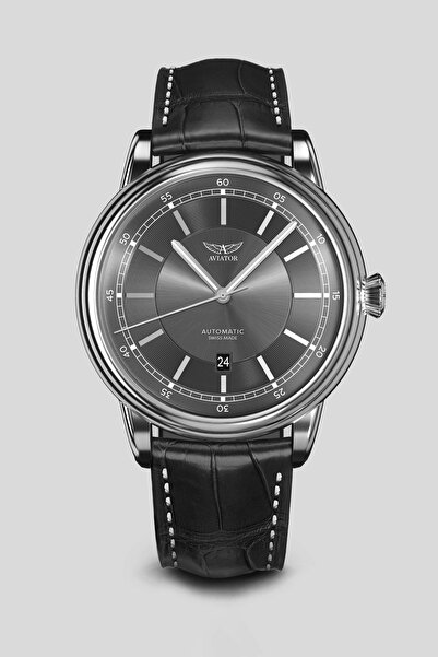 AVIATOR ساعة يد رجالية أوتوماتيكية من دوغلاس V.3.32.0.240.4 بحزام جلدي أسود 4...