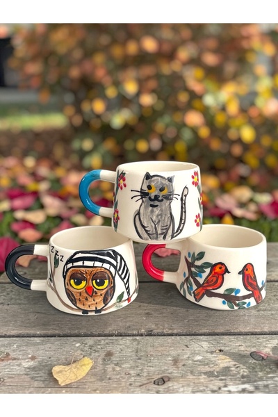 Artistic Quality Decorative Animal Figured Tea and Coffee Cup Set - 3 Cups