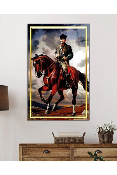 Empressco Gold Şeritli At Üzerinde Atatürk Portresi Cam Tablo, Temperli ve Ro...