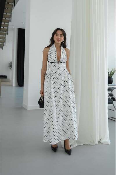 Havoş Ecru Retro Polka Dot Dress with Bow Detail