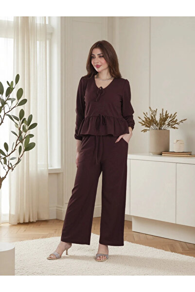 Finelook Elegant Peplum Lounge Set – Modest Two-Piece Wide Leg Suit
