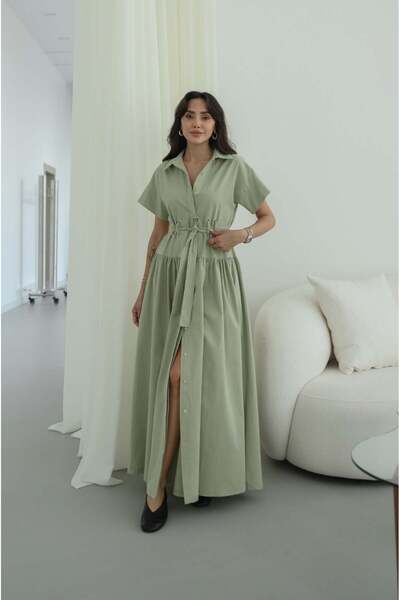 Havoş Yeşil Kuşgözü Kemer Detaylı Elbise