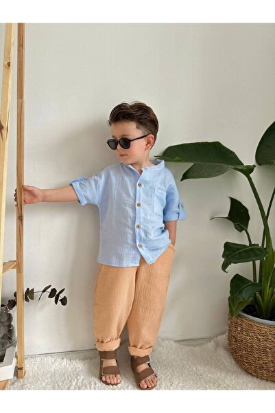 RÜYA KİDS Boy's Muslin Fabric Summer Trousers and Shirt Set for Holidays