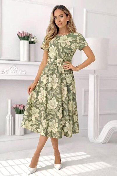 FashionForYou Νάγιλα Φόρεμα Ημέρας με Πιέτες και Φλοράλ Σχέδιο, Πράσινο, Μέγε...