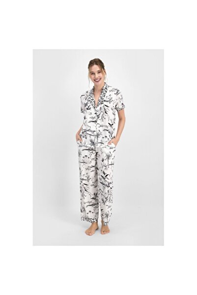 PONÇİK Women's Pajamas – Leopard Print Button-Down Blouse, Elastic Waist Long...