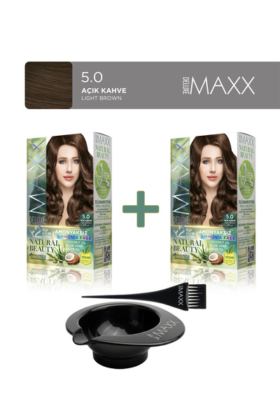 MAXX DELUXE 2'li Natural Beauty Amonyaksız Set Saç Boyası 5.0 Açık Kahve, Boy...