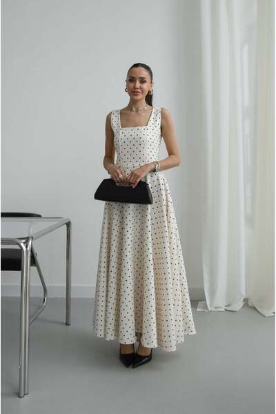 Havoş Ecru Polka Dot Dress with Back Tie Detail
