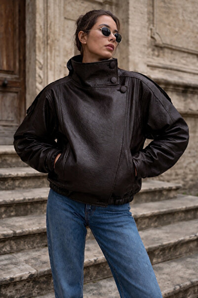 gm giyimarket New Season Zra Viral Oversize Stand Collar Women's Leather Jacket