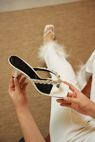 diclepolat Women's White Stone Flip-Flops with 7 cm Heel – Stylish and Comfor...