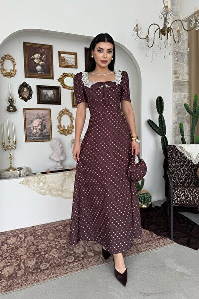 Julidress Square Neck Bow and Lace Detailed Premium Polka Dot Dress