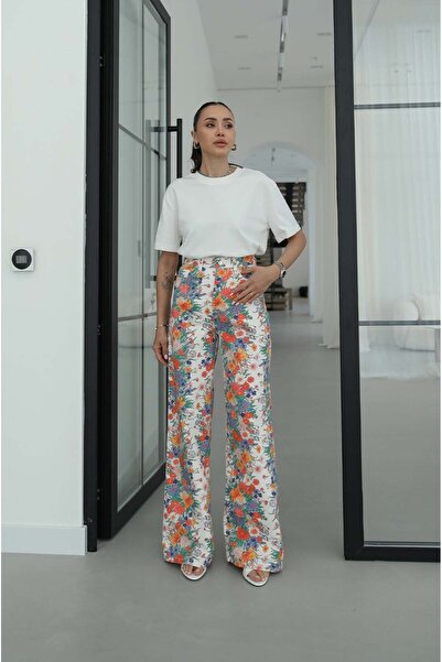 Havoş White Patterned High Waist Trousers