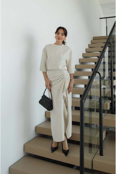 Havoş Stone Color Morley Dress with Side Ruffle Detail