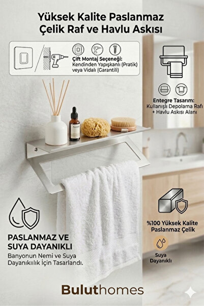 buluthomes Raflı Havlu Askılığı Paslanmaz Çelik Yapışkanlı Vidalı Banyo Raflı...