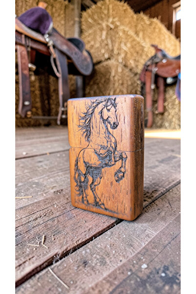 precious İreko Ağacı Lazer Kazıma At Figürlü Benzinli Çakmak - El Yapımı Özel...