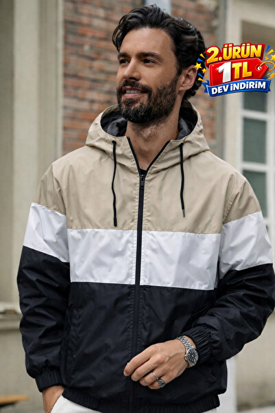 DAMGA JEANS Men's Comfort Fit Patterned Loose-Fitting White Raincoat & Windbr...