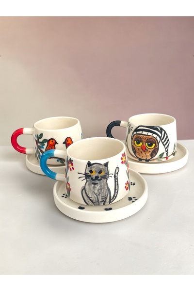 Artistic Quality Decorative Animal Figured Tea and Coffee Cup Set - 3 Cups