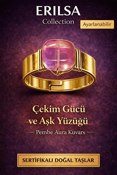 Erilsa Certified Pink Aura Quartz Natural Stone Ring – Adjustable for Attract...