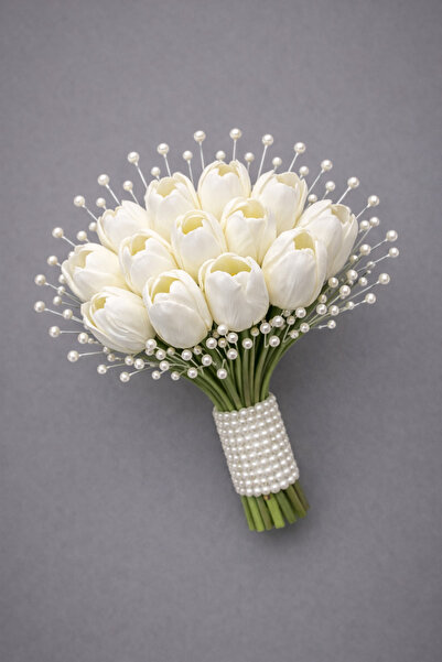 Bioren Beyaz Lale Gelin Buketi – İnci Detaylı, Kubbeli Tasarım