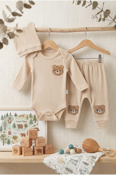 Yumak Bebek Ürünleri Organik 3’lü Bebek Zıbın Seti 3-6-9 Ay Ayılı İşlemeli Fi...