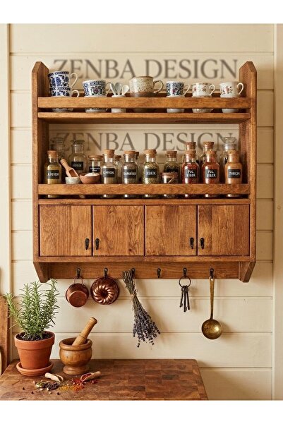 Zenba Design Büyük Boy Ahşap Terek Bardak Baharatlık Rafı Geniş Raf Ölçülü