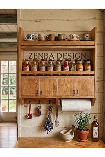 Zenba Design Büyük Boy Ahşap Peçeteli Terek Bardak Baharatlık Rafı Geniş Raf ...