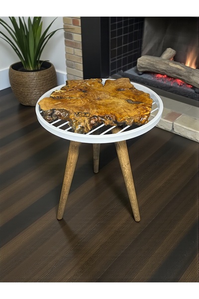 Home Olivia Tek Parça Zeytin Ağacı Tasarım Beyaz Üst Çerçeveli Sehpa