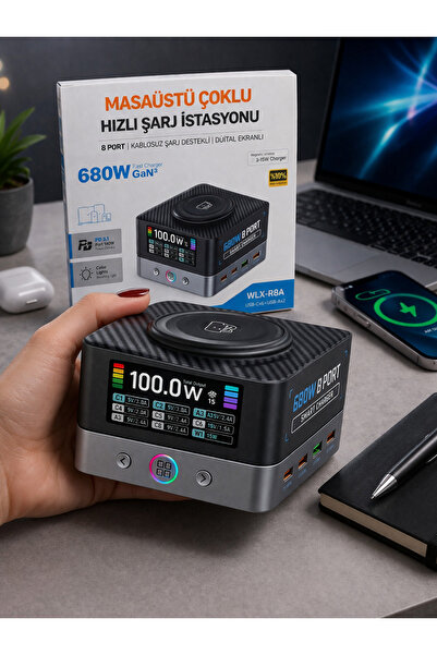 Yellowtech Kablosuz Şarj Destekli 8 Port Masaüstü Hızlı Şarj İstasyonu Dijital Ekranlı 680W