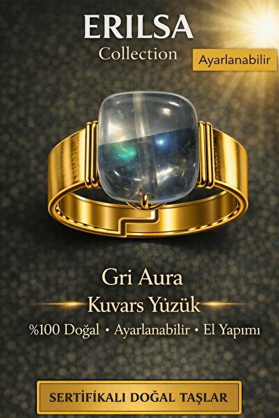 Erilsa Certified Grey Aura Quartz Ring Natural Gemstone Ring Adjustable Handm...