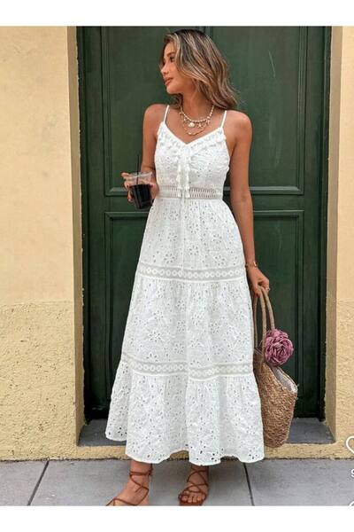 LOKADI Women's White Embroidered Strap Midi Length Bohemian Dress