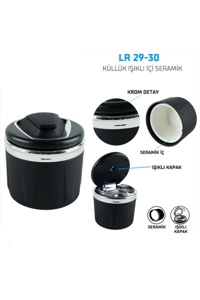 Leader LR29-30 Işıklı Seramik Araç Küllüğü LED Kapaklı Krom Detaylı Oto Küllük