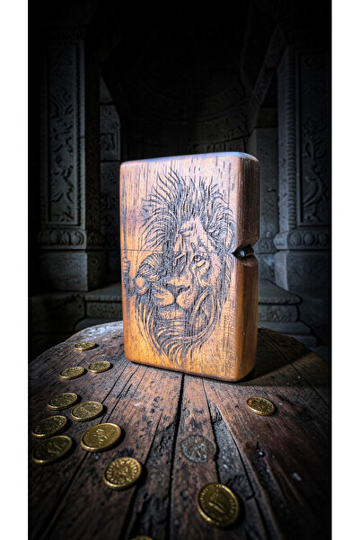 precious İreko Ağacı Lazer Kazıma Aslan Figürlü Benzinli Çakmak - El Yapımı Ö...