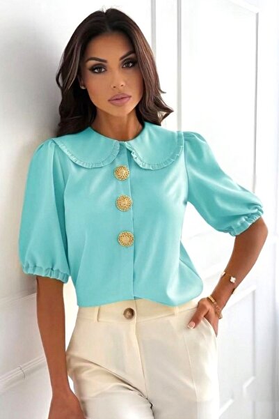 FashionForYou DARYA cotton shirt with golden brooches and Peter Pan collar, T...