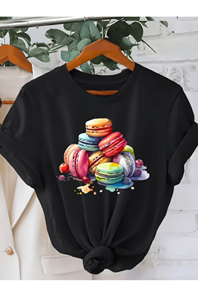 one button تي شيرت ملون مطبوع عليه ماكارون بريميوم كبير الحجم